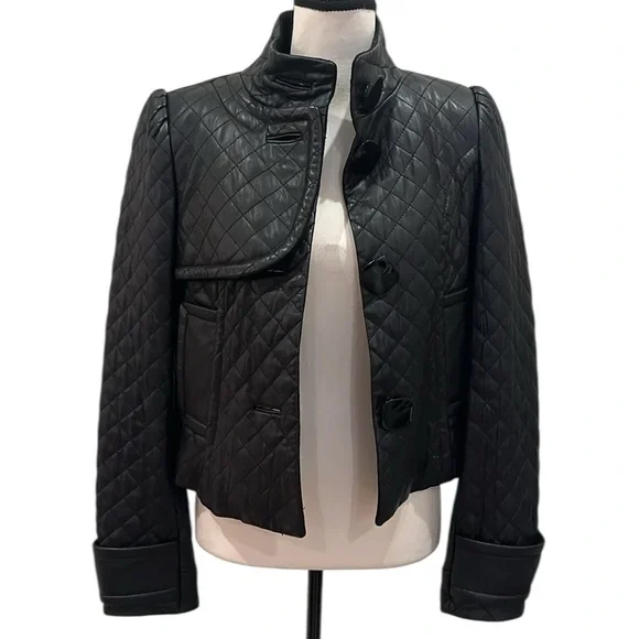 Peter Nygard Quilted Black Leather Jacket Cropped Fitted Size 6 - Picture 2 of 15
